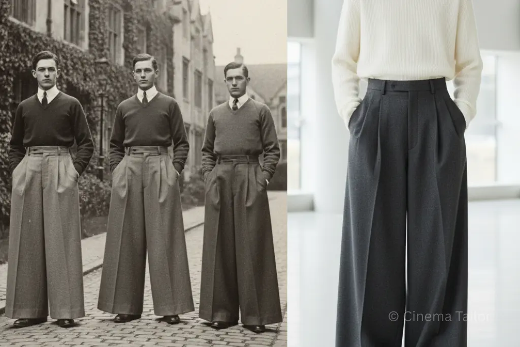 Comparison of 1920s vintage Oxford Bags trousers and 2026 modern wide-legged fashion.