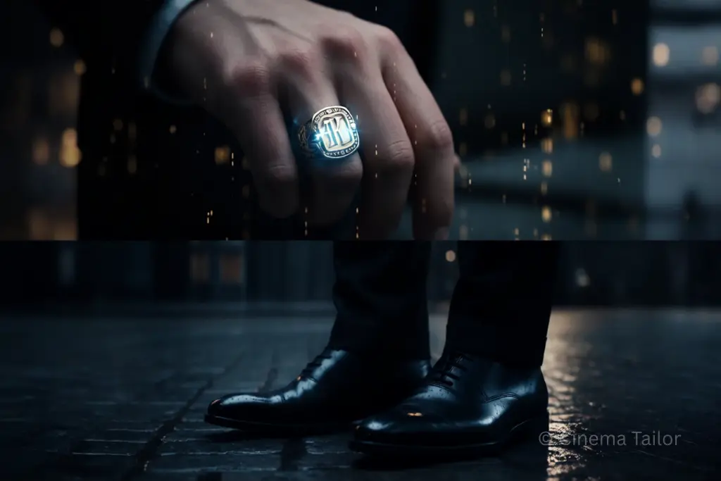 A gold signet ring and black Oxford shoes with hidden tactical features.