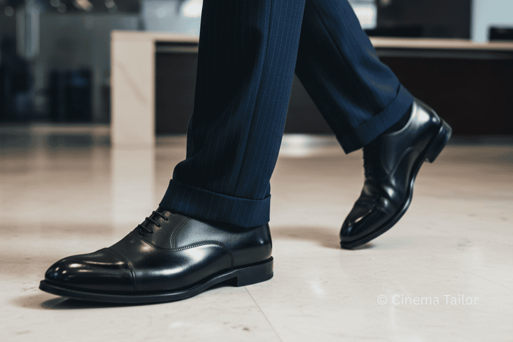 A man's feet wearing navy suit trousers and polished black Oxfords.