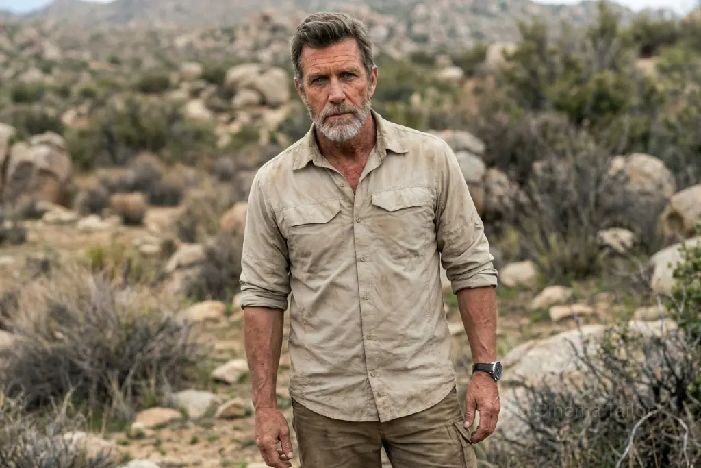 A mature man with silver hair and a beard wearing a rugged, weathered tan utility shirt in a desert landscape,