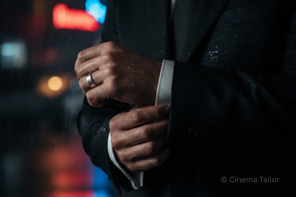 Close-up of hands unbuttoning a black suit cuff in a dark, rainy cinematic setting.