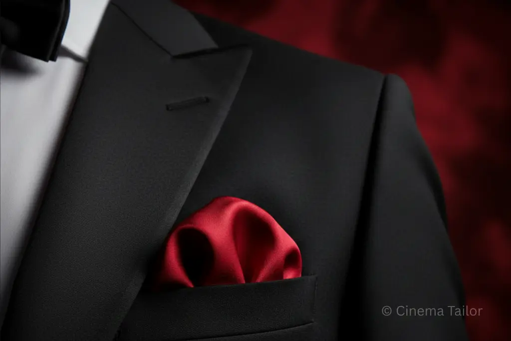 A cinematic close-up of a sharp black tuxedo with a subtle red silk pocket square, Valentino style.