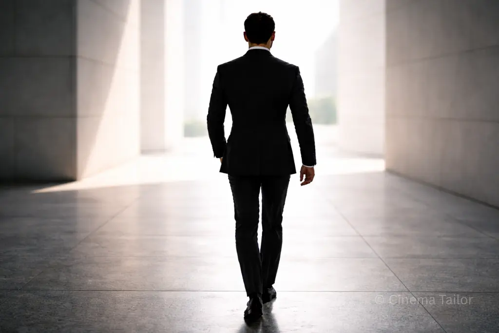 Mission Accomplished: The Power of Strategic Tailoring An authoritative silhouette of a successful man in a bespoke suit walking toward a bright and modern architectural background.
