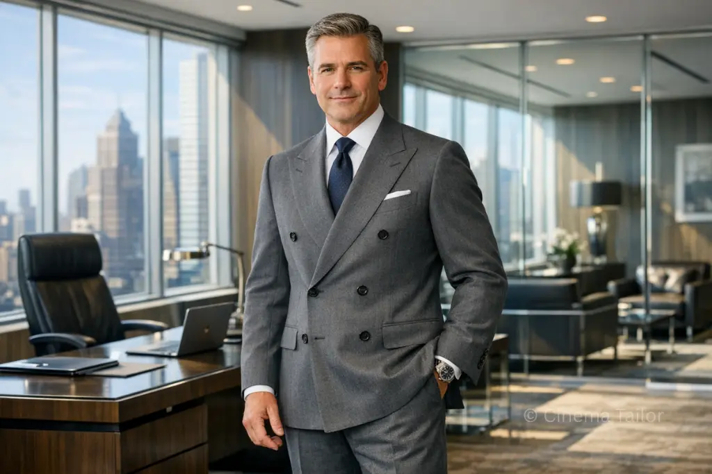 A modern CEO wearing a double-breasted suit in a high-stakes boardroom