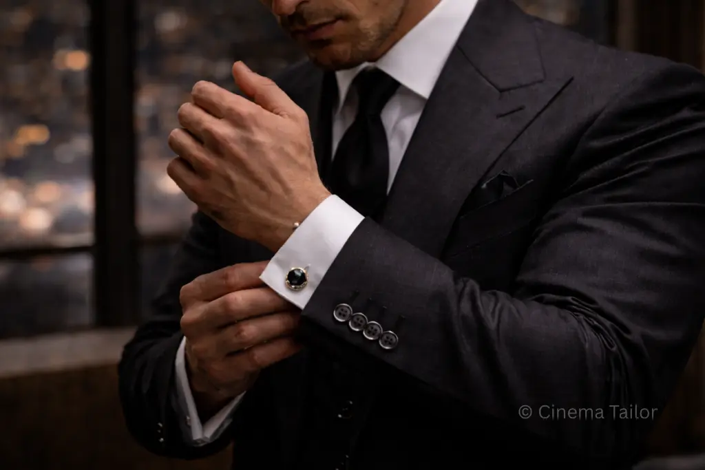 The Signature of Custom Architecture Detailed shot of functional surgeon's cuffs and luxury cufflinks on a corporate stealth wealth suit.