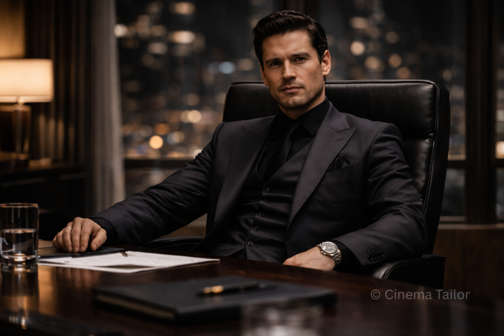 The Bruce Wayne Protocol: Silent Authority A corporate stealth wealth suit worn by Bruce Wayne in a luxury boardroom.