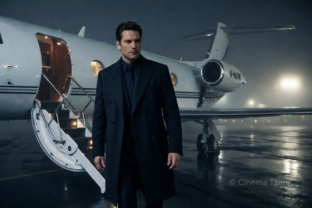 A midnight navy overcoat, the peak of corporate stealth wealth presence.