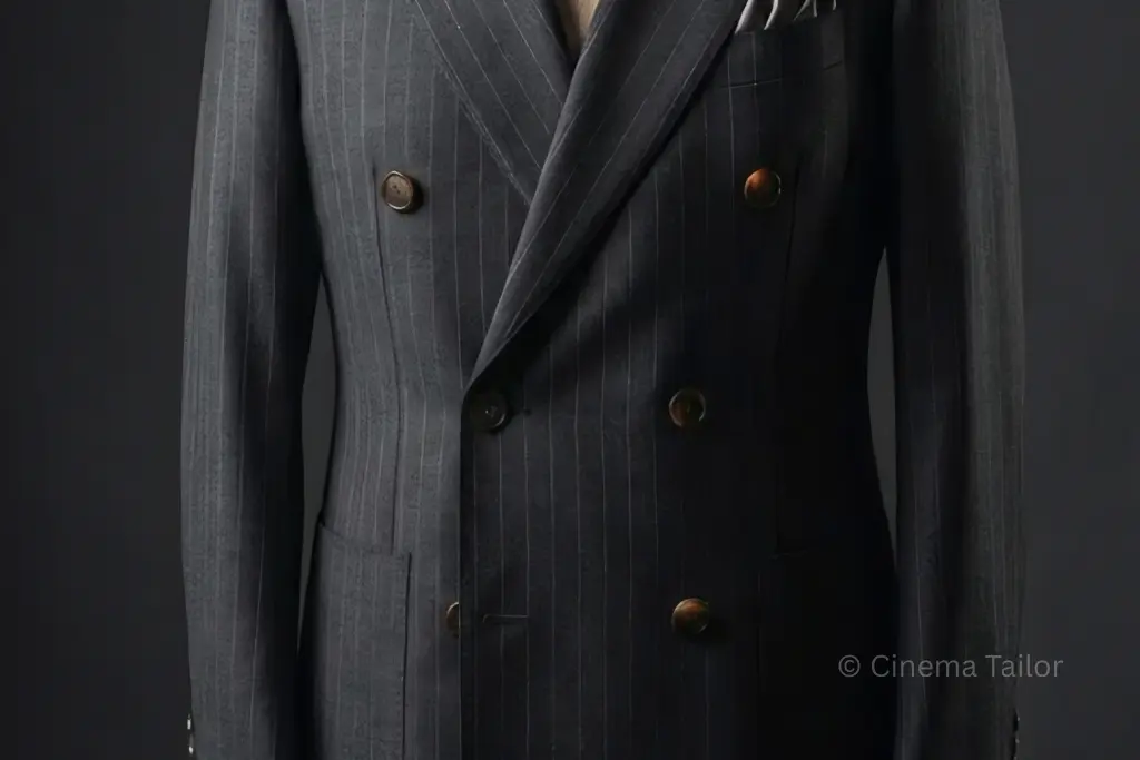 Close-up of the 6x2 button configuration on a navy double-breasted jacket