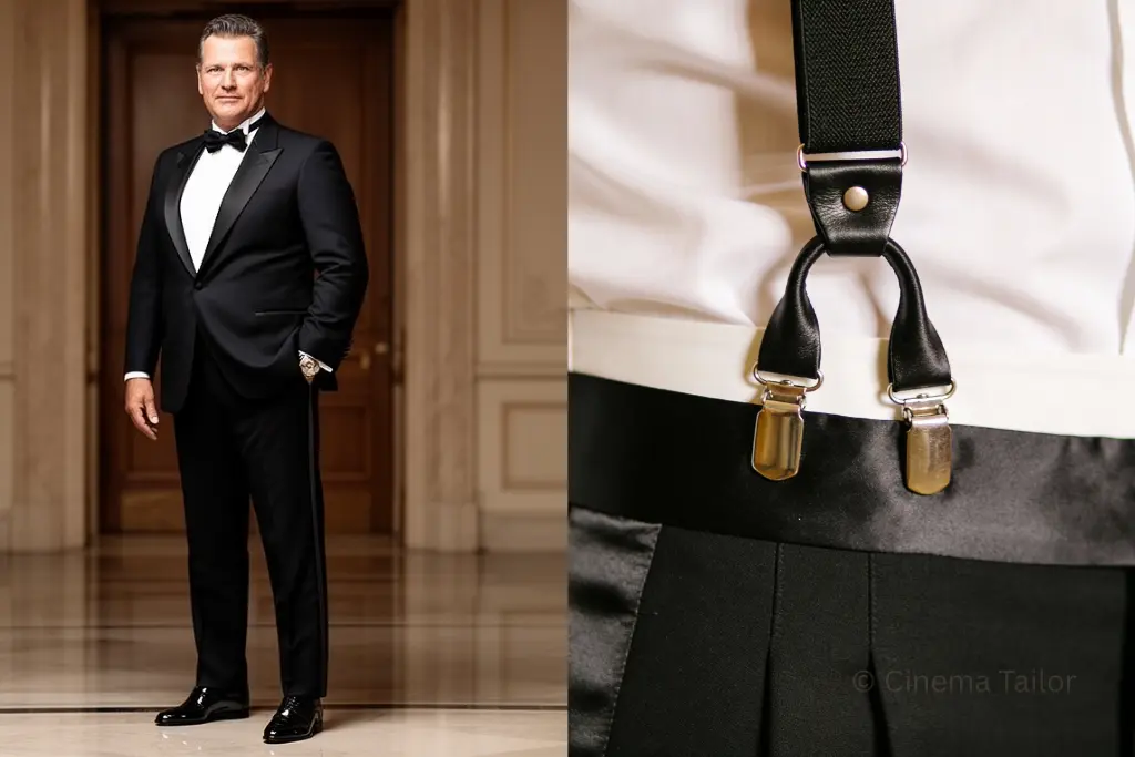 The Strategic Fit: Using Suspenders and One-Button Jackets to Mask the Midsection A side-by-side view showing a mature man in a slimming one-button tuxedo (left) and a close-up of suspenders and a cummerbund for midsection support (right).