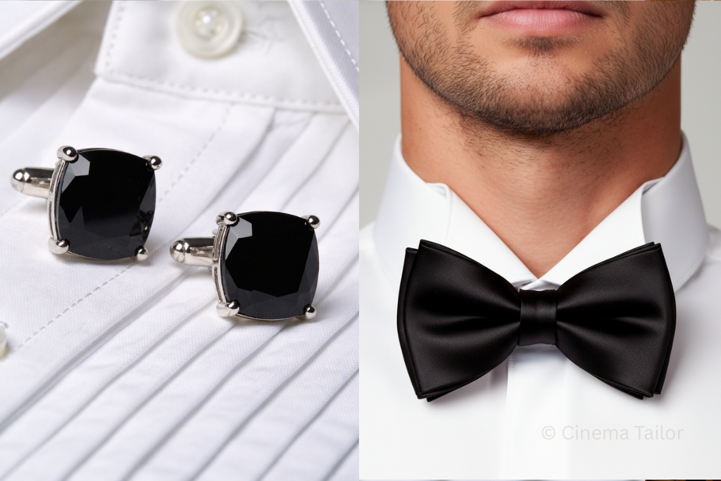 The Essentials of a Formal Tuxedo Shirt: Pleats and Studs Close-up of a tuxedo shirt featuring a pleated front, black bow tie, and onyx studs.