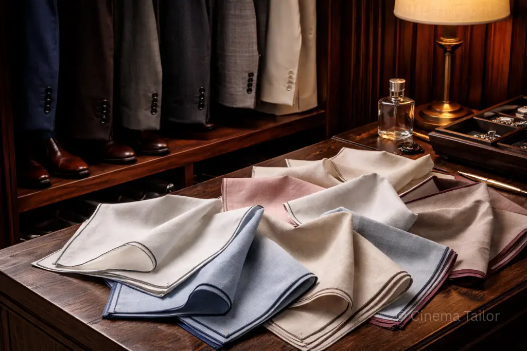 No Template Code: Building an Authentic Wardrobe An authentic collection of high-quality linen pocket squares in a gentleman's luxury wardrobe, avoiding pre-folded templates.