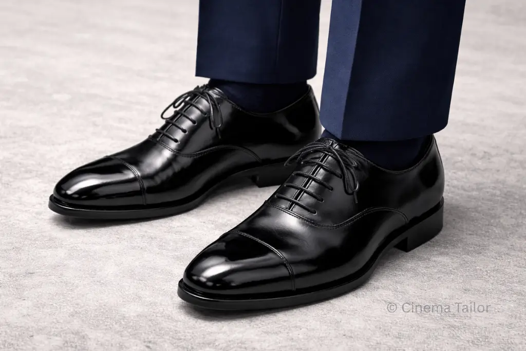 Mirror-shined black Oxford shoes paired with navy suit trousers