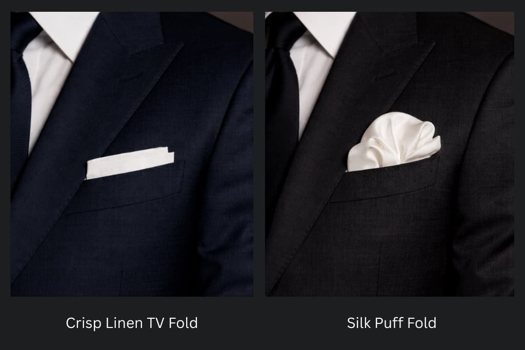 Comparison between TV fold vs. Silk Puff fold for different business and social occasions.