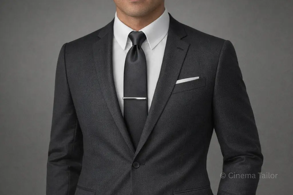 The Hardware Lock: Essential Accessories for the Boardroom A high-end tailoring detail showing a crisp tab collar shirt with a silver tie bar and a linen pocket square.