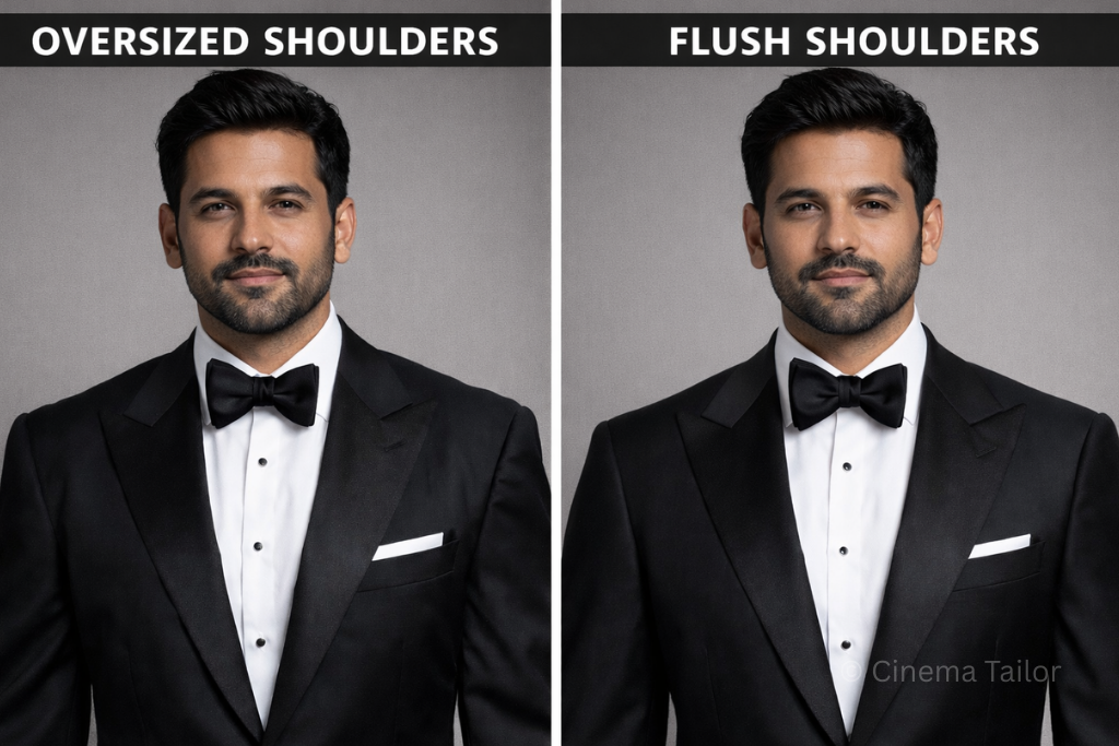 The foundation of authority: Shoulder fit comparison Side-by-side comparison of poor vs perfect tuxedo shoulder fit